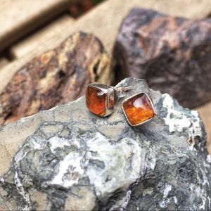 Real Amber Stud Earrings - Sterling Silver